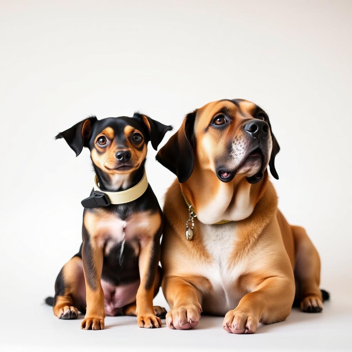 Small dog and large dog both wearing Fur Life collars side by side